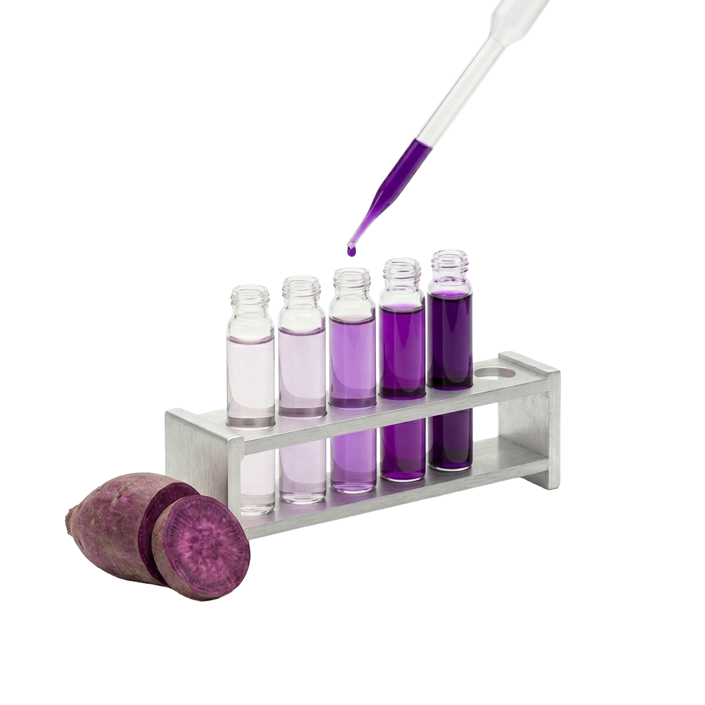 a pipette dispensing a deep purple liquid into glass vials, next to a sliced purple sweet potato showing its vibrant interior at BioconColors.