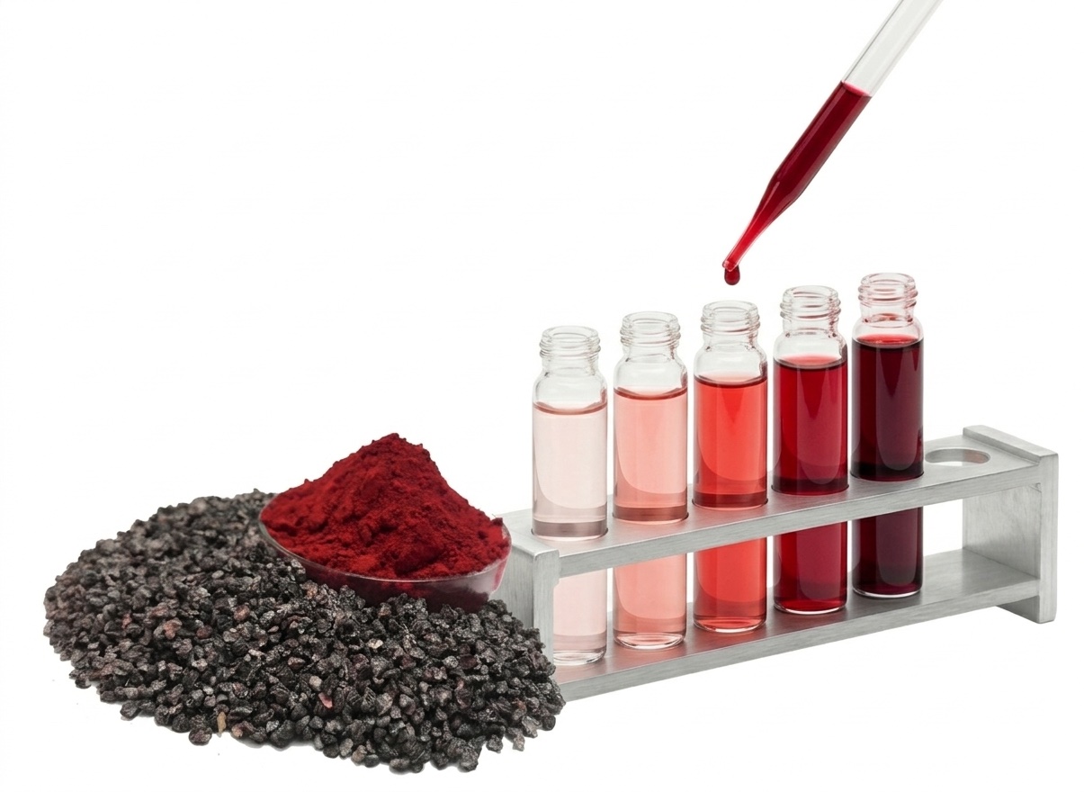 A close-up of a pipette dispensing a deep red Carmine liquid into a series of laboratory glass vials, positioned next to a jar of Carmine pigment powder at BioconColors.