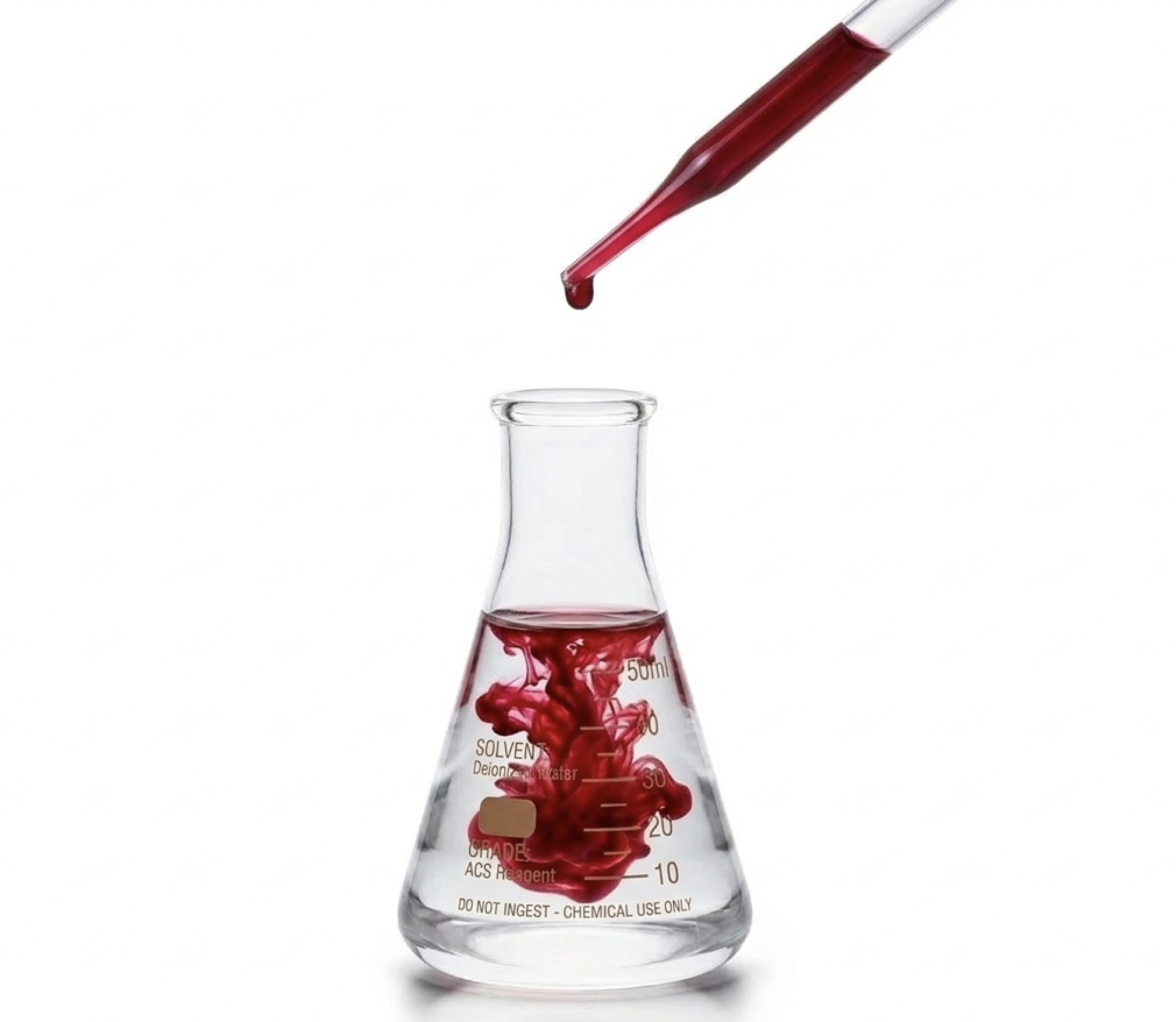 A pipette adding a single drop of concentrated red natural colors colorant into an Erlenmeyer flask filled with water, showing the dispersion process. This represents the high-purity formulation of BioconColors natural colorants.
