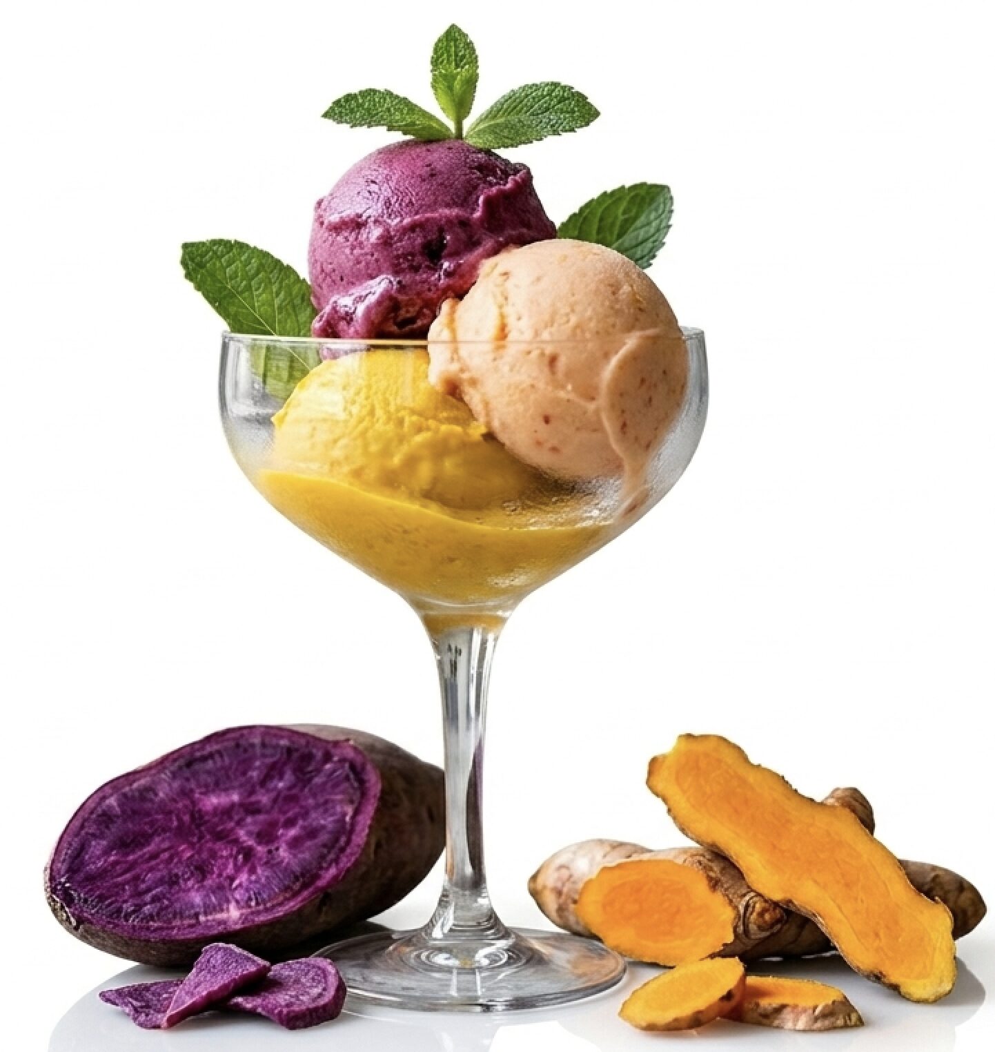 A glass of gourmet ice cream with vibrant yellow and purple scoops, displayed next to fresh turmeric root and purple sweet potato to showcase BioconColors natural colorant sources.